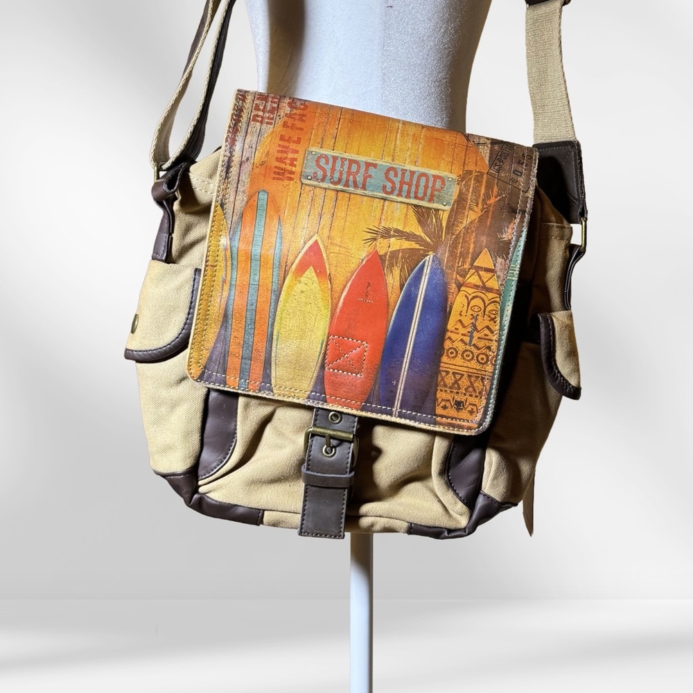 Canvas Surf Shop Messenger Bag - Tan with Multi-Color Surf Print